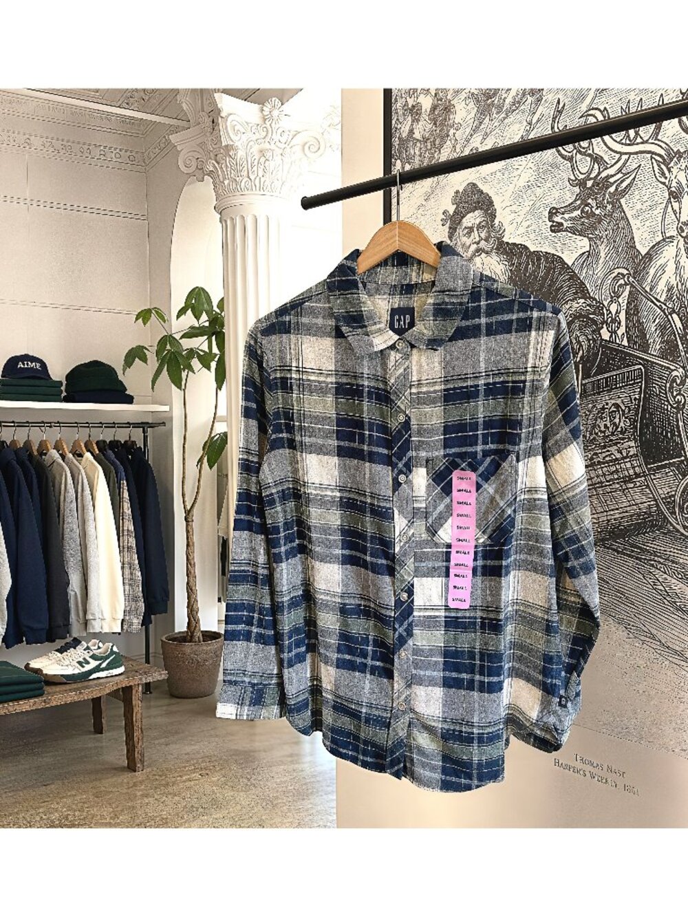 GAP Women’s Small Navy Green Plaid Long Sleeve Button Down Shirt NWT